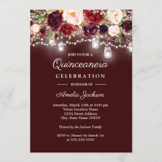 Burgundy Floral Lights 15. Quinceanera Einladung