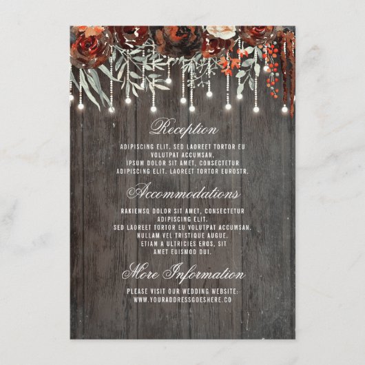 Burgundy Floral Lights Hochzeitsinformation Gast Begleitkarte (Vorderseite)
