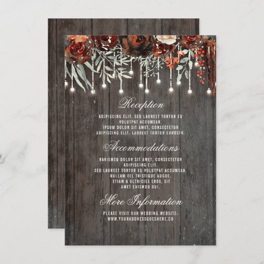 Burgundy Floral Lights Hochzeitsinformation Gast Begleitkarte (Vorne/Hinten)