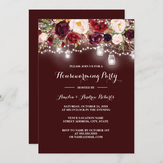Burgundy Floral Lights Housewarming Party Einladung (Vorne/Hinten)