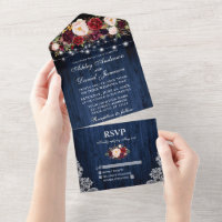 Burgundy Floral Lights Lace Blue Wood Wedding