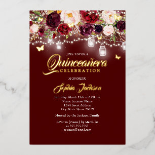 Burgundy Floral Lights Quinceanera Folieneinladung