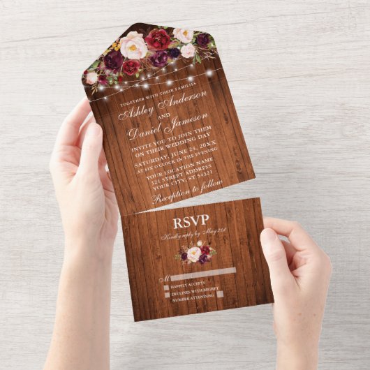 Burgundy Floral Lights Rustic Wood Wedding All In One Einladung (Abreißen)