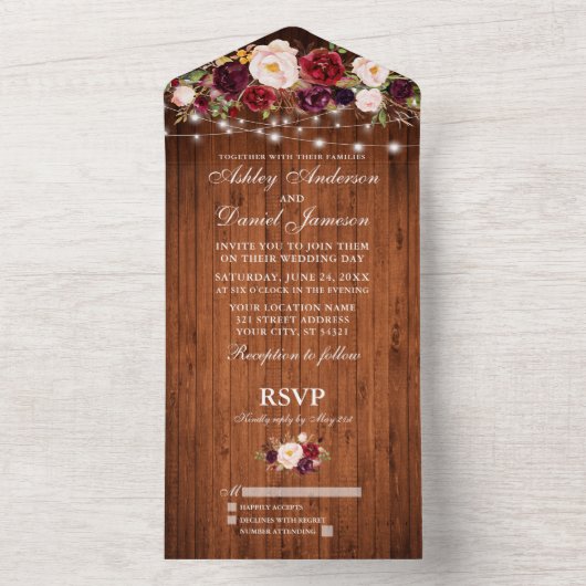 Burgundy Floral Lights Rustic Wood Wedding All In One Einladung (Innen Boden)