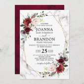 Burgundy Floral Marble Geometric Wedding Einladung (Vorne/Hinten)