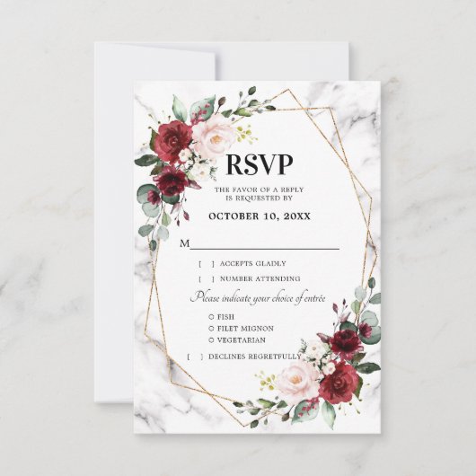 Burgundy Floral Marble Geometric Wedding RSVP Karte (Vorderseite)
