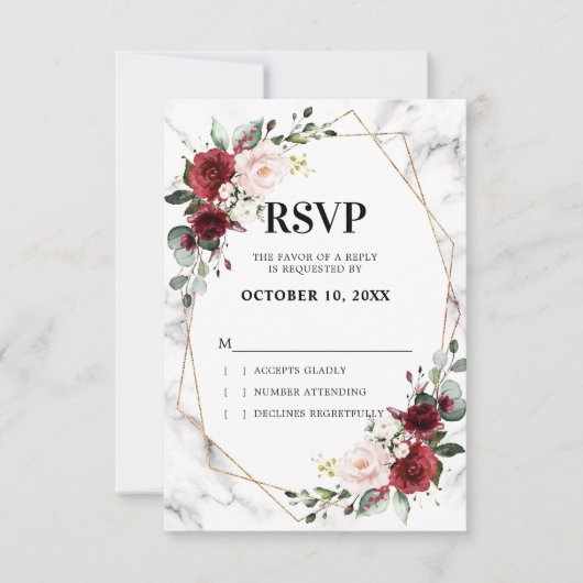 Burgundy Floral Marble Geometric Wedding RSVP Karte (Vorderseite)