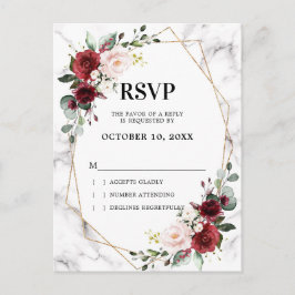 Burgundy Floral Marble Geometric Wedding RSVP Postkarte