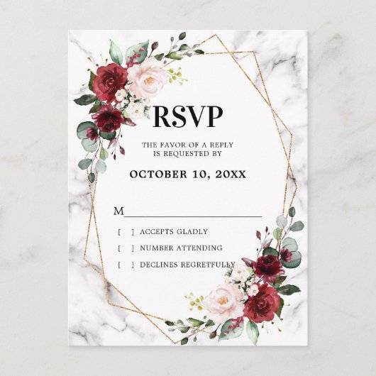 Burgundy Floral Marble Geometric Wedding RSVP Postkarte (Vorderseite)
