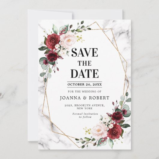Burgundy Floral Marble Geometric Wedding Save The Date (Vorderseite)