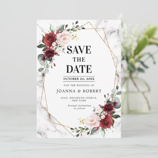 Burgundy Floral Marble Geometric Wedding Save The Date (Stehend Vorderseite)