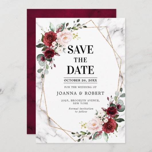 Burgundy Floral Marble Geometric Wedding Save The Date (Vorne/Hinten)
