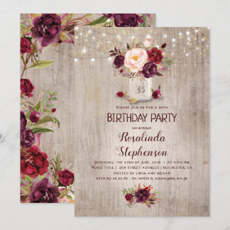 Burgundy Floral Mason Jar Rustic Geburtstagsparty Einladung