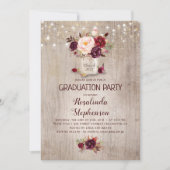 Burgundy Floral Mason Jar Rustic Graduation Party Einladung (Vorderseite)