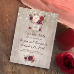 Burgundy Floral Mason Jar Rustic Save the Date<br><div class="desc">Burgund - Marsala Blume Masson Glas und Reihe von Lichtern rustikale Save the Date Einladungen</div>