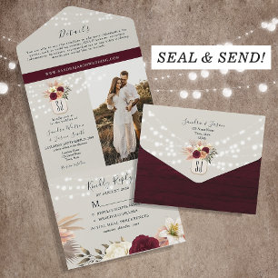 Burgundy Floral Mason Jar Wedding All In One Einladung