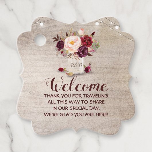 Burgundy Floral Mason Jar Wedding Welcome Bag Gesc Geschenkanhänger (Vorderseite)