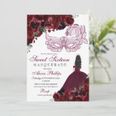 Burgundy Floral Masquerade Sweet 16 Einladung (Stehend Vorderseite)