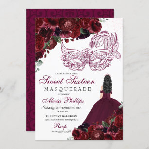 Burgundy Floral Masquerade Sweet 16 Einladung