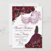 Burgundy Floral Masquerade Sweet 16 Einladung (Vorderseite)