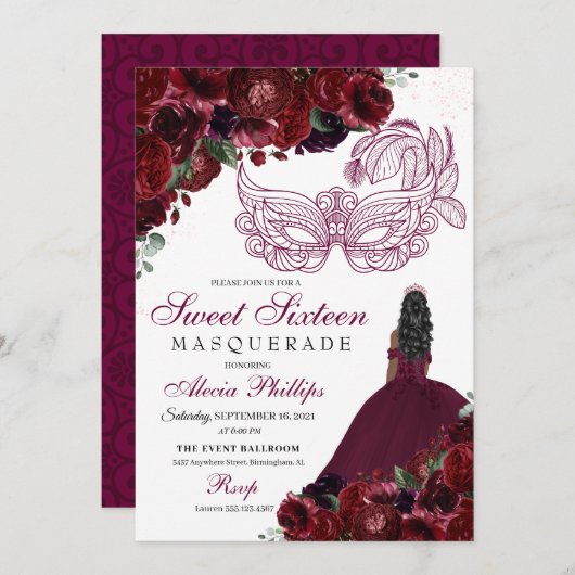 Burgundy Floral Masquerade Sweet 16 Einladung (Vorne/Hinten)