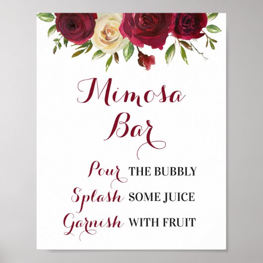 Burgundy Floral Mimosa Bar Wedding Brautparty Poster (Vorne)