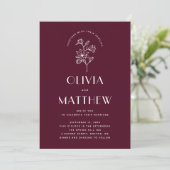 Burgundy Floral Minimalistisch Wedding | QR und Fo Einladung (Stehend Vorderseite)