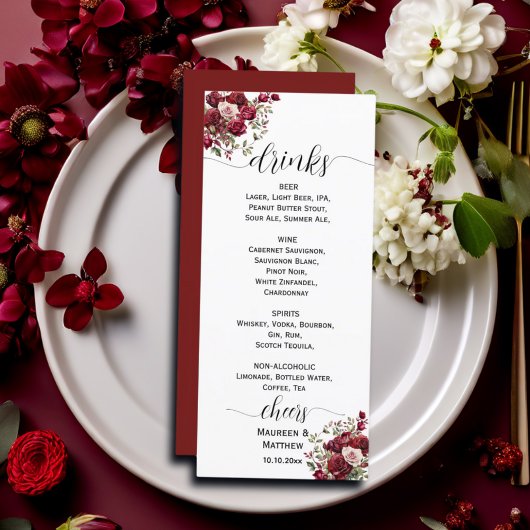 Burgundy Floral Modern Script Wedding Bar Menu Menükarte