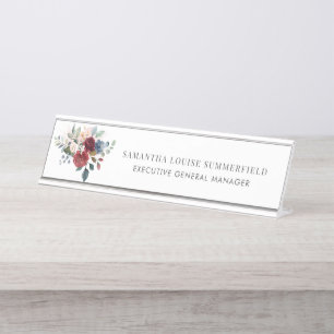 Burgundy Floral Moderne Aquarellwiesen Schreibtischnamensplakette