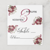 Burgundy Floral Moderne Script-Tischnummer Platzkarte (Außenseite Aufgefaltet)