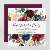 Burgundy Floral Modernes Silvester Party Einladung (Vorne/Hinten)