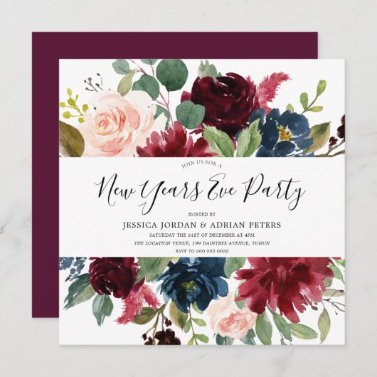 Burgundy Floral Modernes Silvester Party Einladung (Vorne/Hinten)