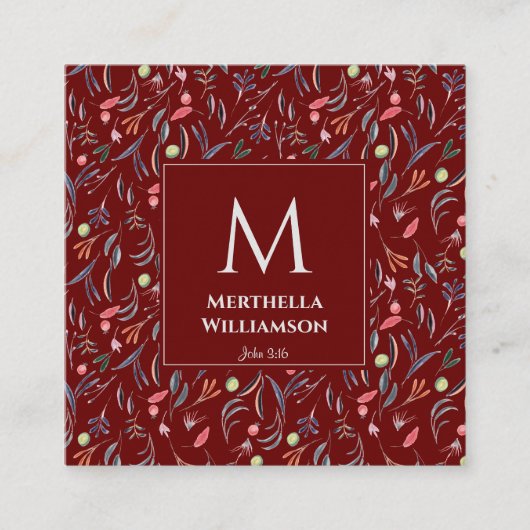 BURGUNDY Floral MONOGRAM Custom Scripting Quadratische Visitenkarte (Vorderseite)