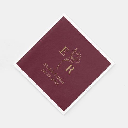 Burgundy Floral Monogram Wedding Serviette (Ecke)