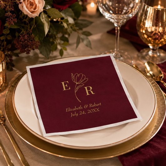 Burgundy Floral Monogram Wedding Serviette