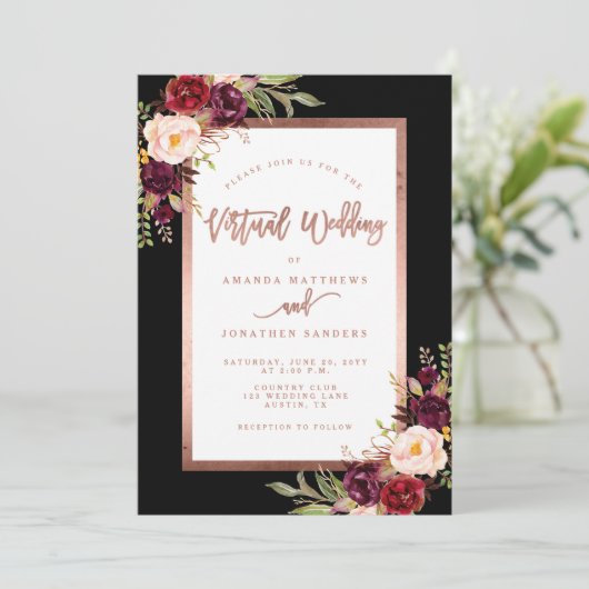 Burgundy Floral Moody Rose Gold Virtual Wedding Einladung (Stehend Vorderseite)