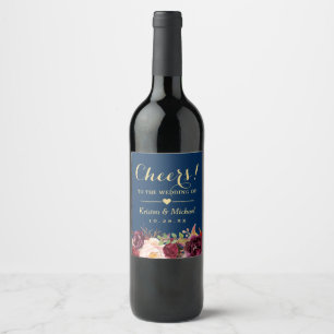 Burgundy Floral Navy Blue Beifall für die Hochze Weinetikett