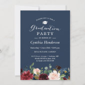 Burgundy Floral Navy Blue Foto Graduation Party Einladung (Rückseite)
