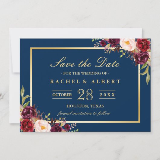 Burgundy Floral Navy Blue Foto Save the Date (Vorderseite)