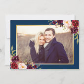 Burgundy Floral Navy Blue Foto Save the Date (Rückseite)