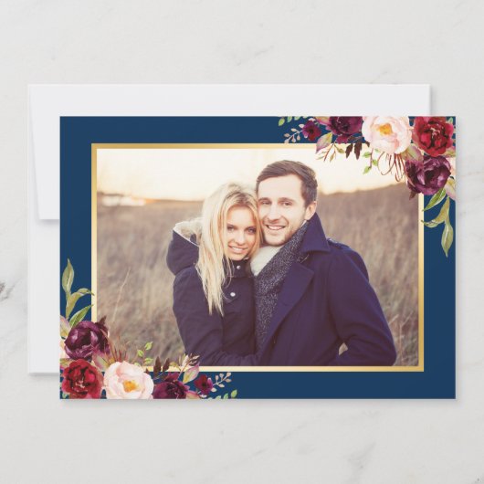 Burgundy Floral Navy Blue Foto Save the Date (Rückseite)