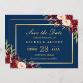 Burgundy Floral Navy Blue Foto Save the Date (Vorne/Hinten)
