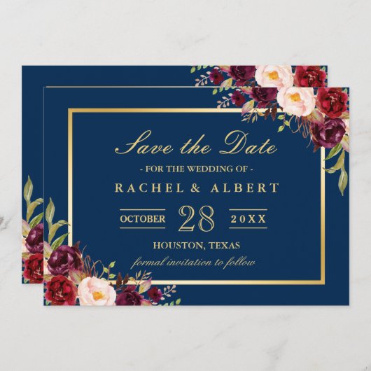Burgundy Floral Navy Blue Foto Save the Date (Vorne/Hinten)
