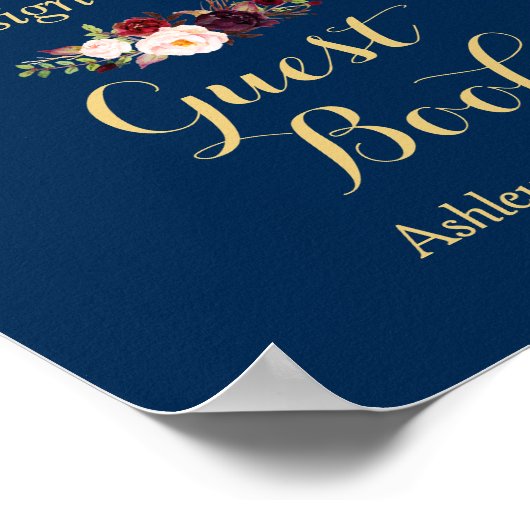Burgundy Floral Navy Blue Gästebuch Wedding Sign (Ecke)