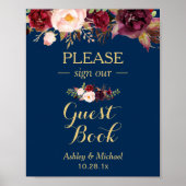 Burgundy Floral Navy Blue Gästebuch Wedding Sign (Vorne)