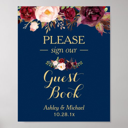 Burgundy Floral Navy Blue Gästebuch Wedding Sign (Vorne)