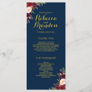Burgundy Floral Navy Blue Gold Custom Wedding Programm