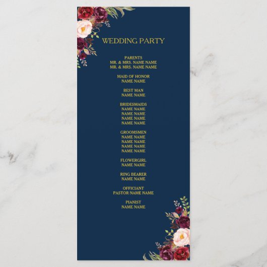 Burgundy Floral Navy Blue Gold Custom Wedding Programm (Rückseite)