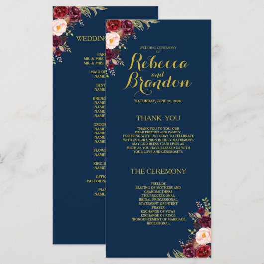 Burgundy Floral Navy Blue Gold Custom Wedding Programm (Vorne/Hinten)