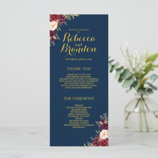 Burgundy Floral Navy Blue Gold Custom Wedding Programm (Stehend Vorderseite)